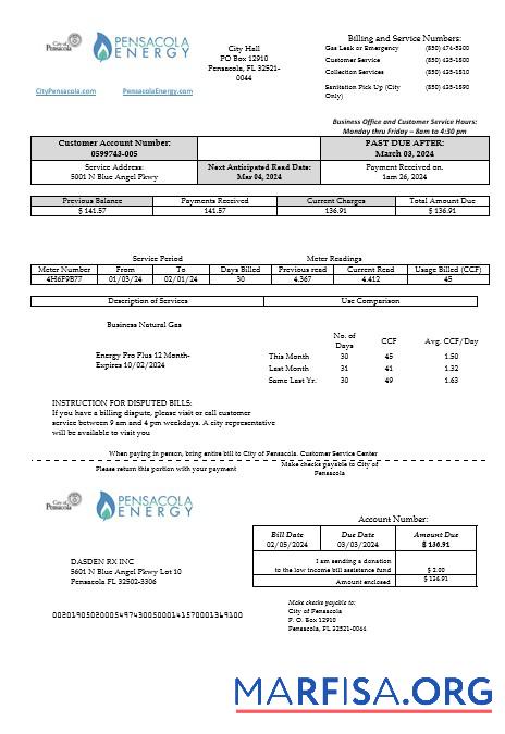 Blank USA Florida Pensacola Energy business utility bill template in Word and PDF formats